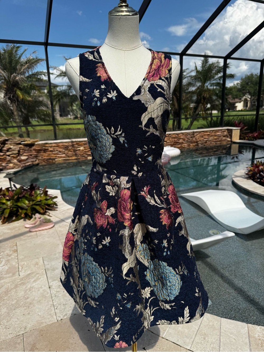 Floral V-Neck Fit-and-Flare Brocade Dress in Navy